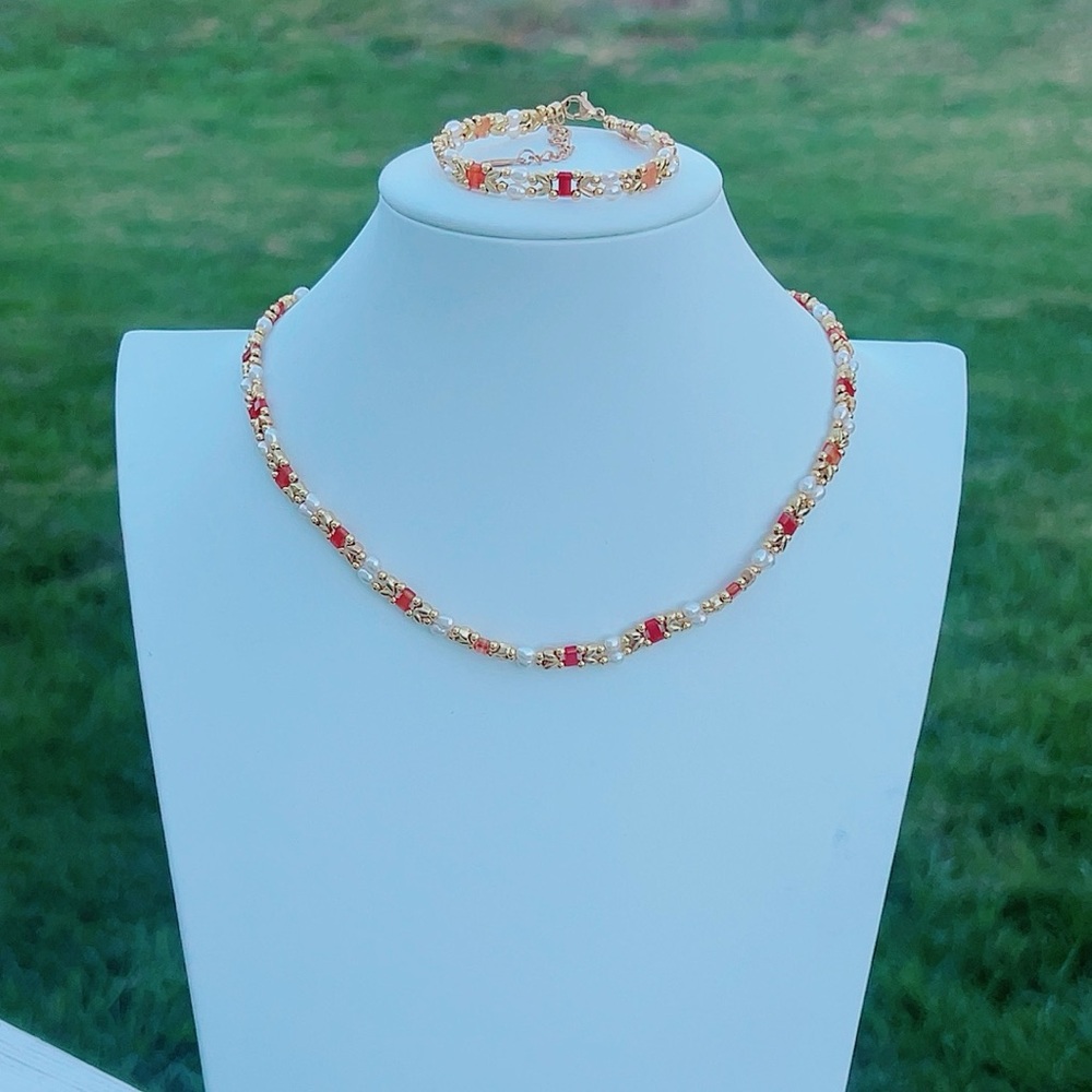 X818 Handmade Freshwater Pearl Agate Necklace Bracelet Set